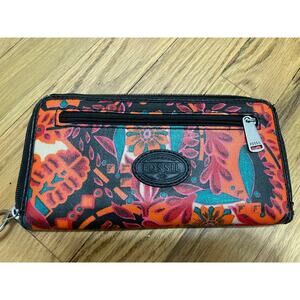 Fossil coated canvas orange, teal green and red floral zip around wallet boho‎